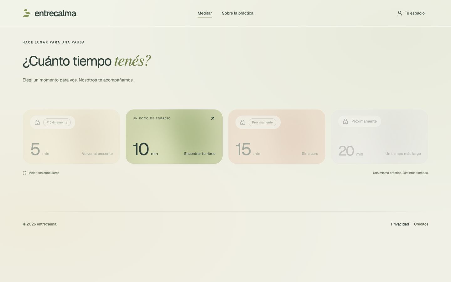 Catálogo publicado: diez minutos disponible; las demás duraciones aparecen como próximas.